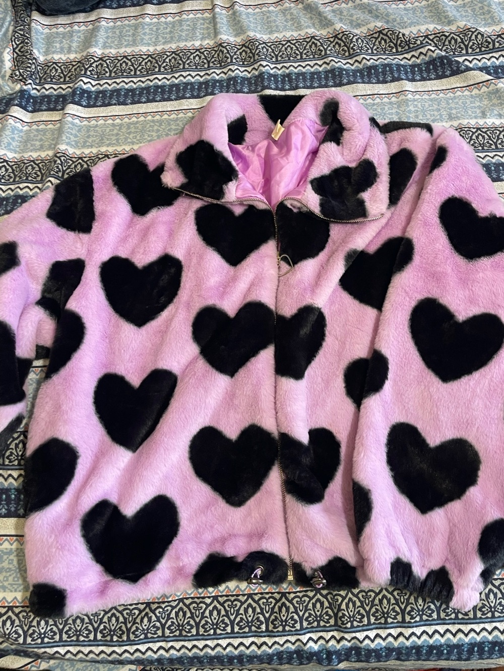 Lavender/Purple Faux Fur Jacket with Black Heart Print